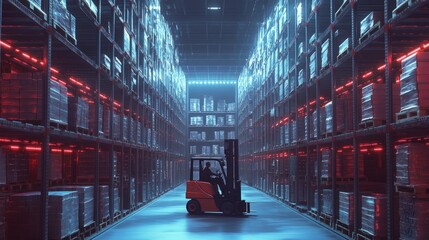 Large Industrial Warehouse Interior Featuring Tall Metal Storage Racks and Stacks of Cardboard Boxes in the Foreground, Showcasing Modern Logistics, Shipping, and Inventory Management in a Spacious Di
