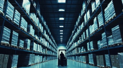 Large Industrial Warehouse Interior Featuring Tall Metal Storage Racks and Stacks of Cardboard Boxes in the Foreground, Showcasing Modern Logistics, Shipping, and Inventory Management in a Spacious Di