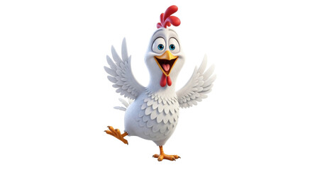 Fototapeta premium Cartoon chicken with white feathers, red comb and wattle, blue eyes, and open beak, appearing happy and spreading its wings.