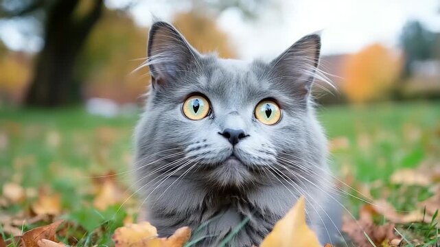 A Cute Nebelung Cat Enjoying the Autumn Season in the Garden With Fallen Leaves
