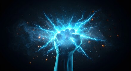 Electric Power Fist: Hand Emitting Bright Blue Lightning and Energy Sparks

