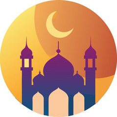 Gradient background with crescent moon and mosque silhouette design