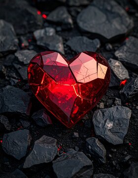 粗いブラシストロークで描かれた深紅のハートがマットブラックの背景に浮かび上がり、赤いリムライトの繊細な光がドラマティックな雰囲気を演出

