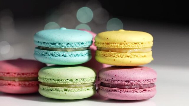 Colorful macarons arranged in a sweet stack