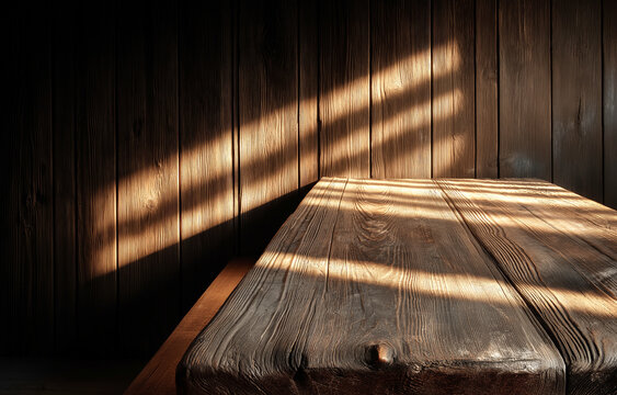 Rustic wooden table with morning sunlight casting shadows on aged wood surface

