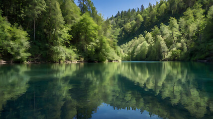 Obraz premium Serene River Valley A Tranquil Reflection of Nature's Beauty in Forest, Flowing Water, Scenic Valley