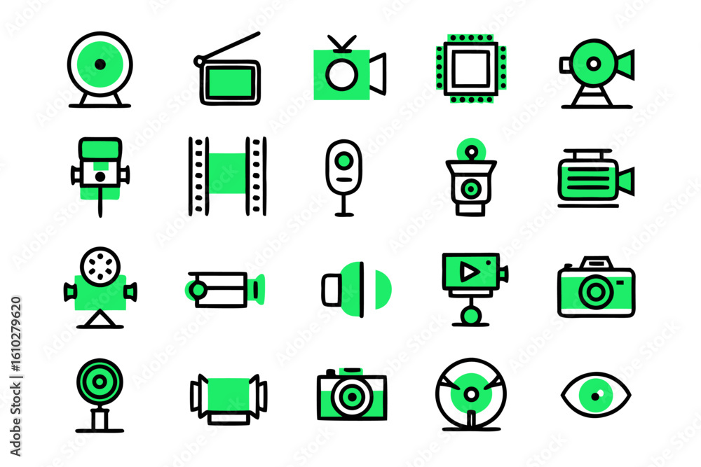 Aufkleber collection of clean line art icons for video production and content creation featuring play record a