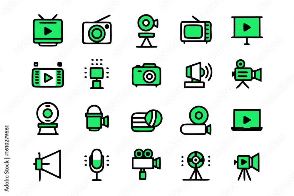 Poster collection of modern outline graphics representing various aspects of digital media and online commu
