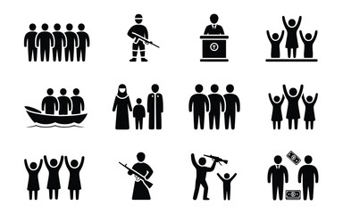 Depicting various social and political themes icon set