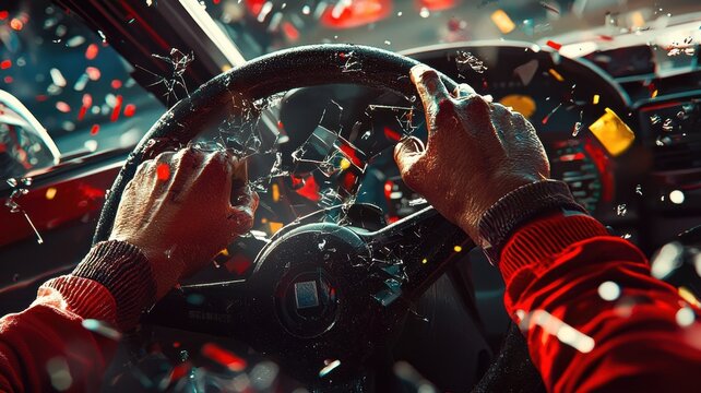 This captivating close-up captures the intense expression of an F1 driver gripping the steering wheel, showcasing the thrill and energy of high-speed racing moments.