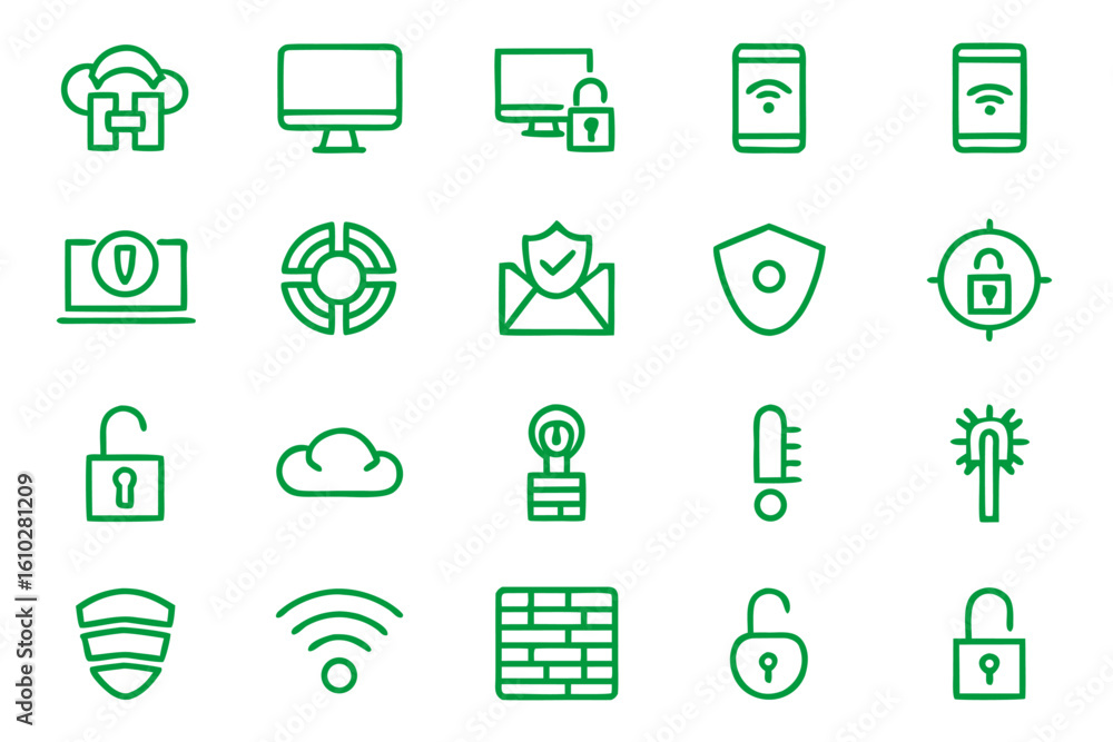 Poster comprehensive collection of clean line art symbols representing virtual private network services and