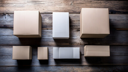 Unpacked shopping boxes arranged on a wooden surface, representing e-commerce and modern shopping.