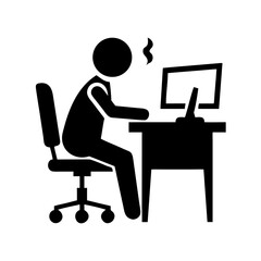 Stick figure at desk with computer and steam from head