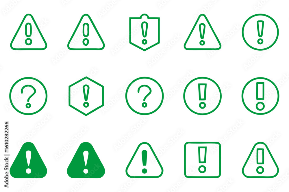 Poster collection of graphic symbols representing cautionary alerts and safety notifications rendered in a 