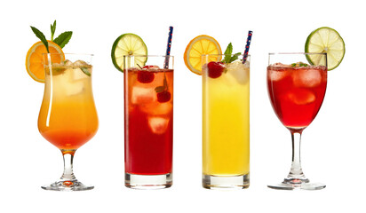 High-Resolution Isolated Image of Colorful Summer Fruit Mocktails in Transparent Glasses with Ice, Citrus Slices, and Mint Garnish on Transparent Background. Generated AI.