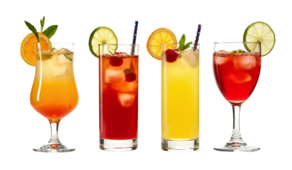 High-Resolution Isolated Image of Colorful Summer Fruit Mocktails in Transparent Glasses with Ice, Citrus Slices, and Mint Garnish on Transparent Background. Generated AI.
