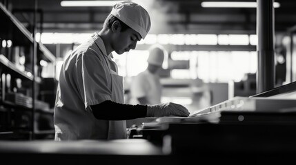 Industrial factory worker operating machinery in a modern manufacturing facility with heavy equipment, metal processing, and automated production line in a high-tech industrial environment