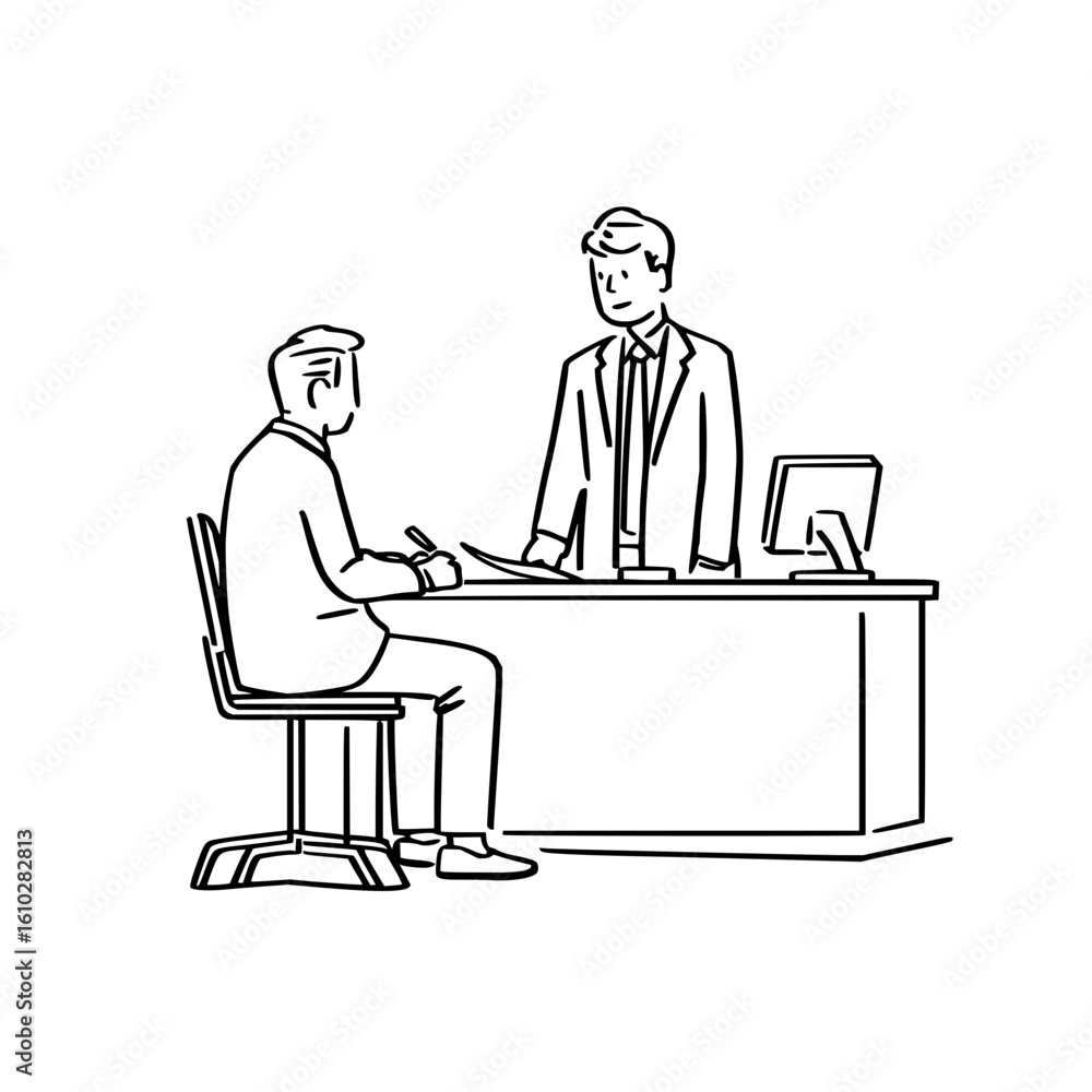 Poster man sitting at desk signing document while another man stands behind the desk in black and white