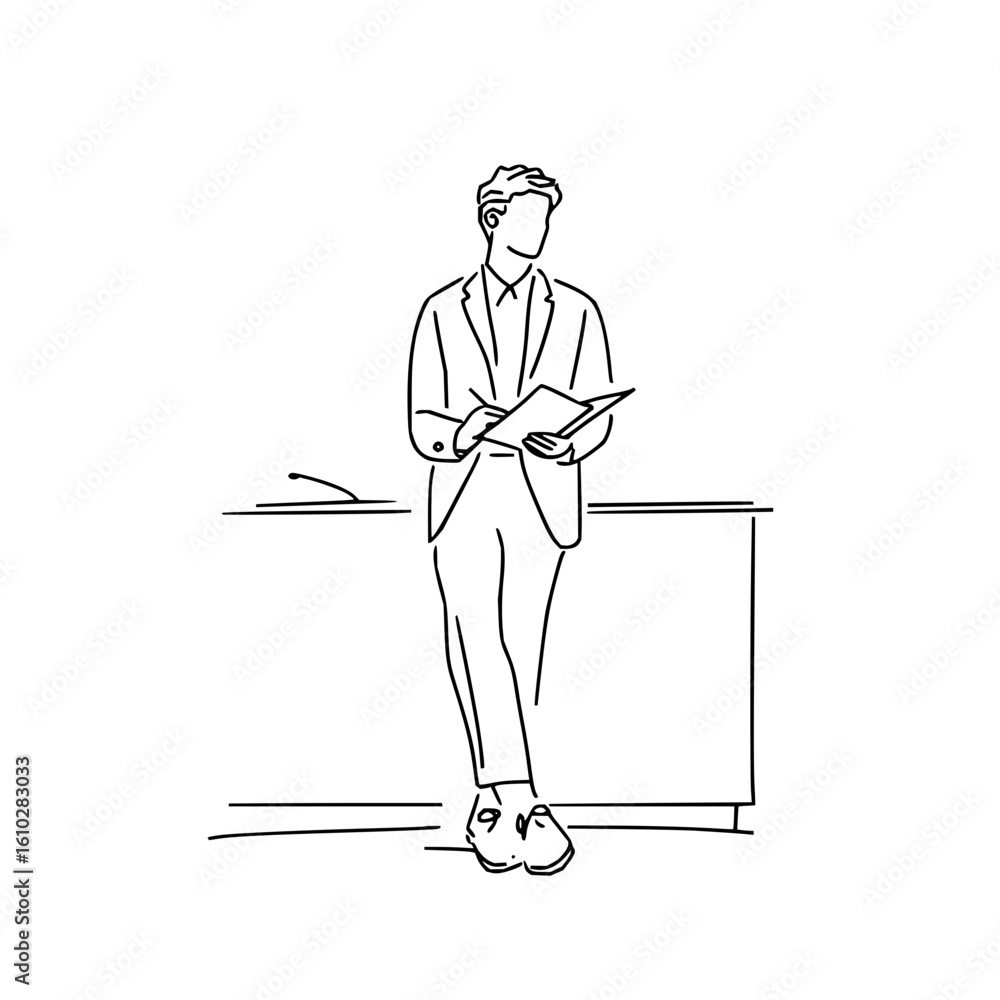 Poster line drawing of a man in a suit standing and writing in a notebook next to a table with a microphone