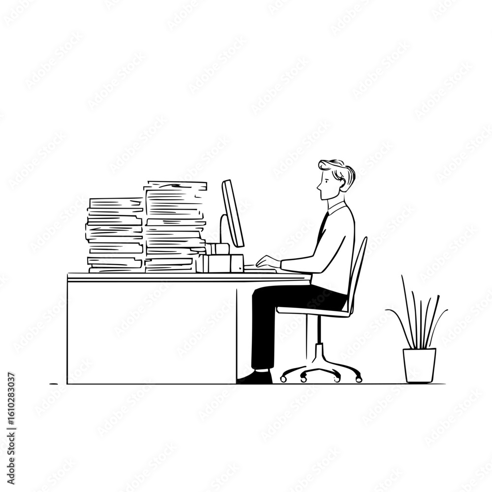 Poster man working at a desk with a computer and a large stack of papers in a black and white line drawing 