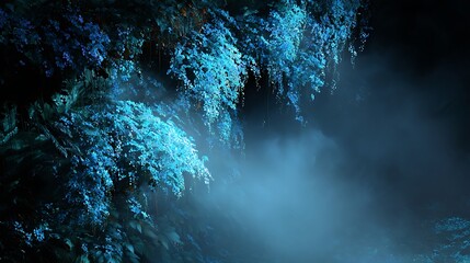 Mystical blue waterfall cascading through lush greenery with ethereal mist