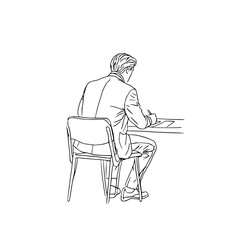 Man in suit sitting at desk writing on paper from back view in black and white line drawing style art