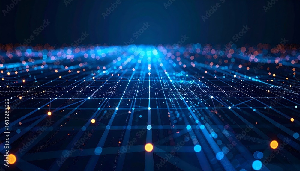 Poster abstract digital grid background with glowing nodes showcasing interconnected network concept