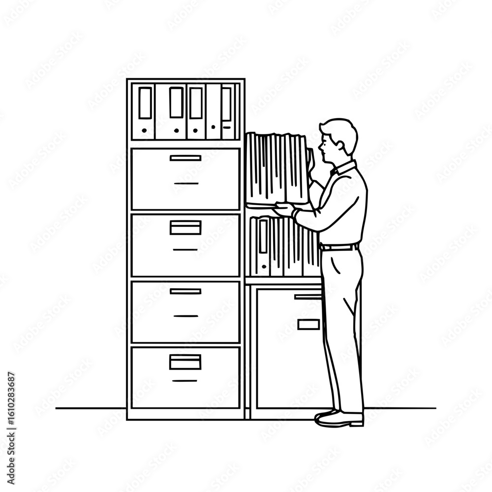 Poster a man standing next to a filing cabinet holding a stack of files in a minimalist line drawing style 