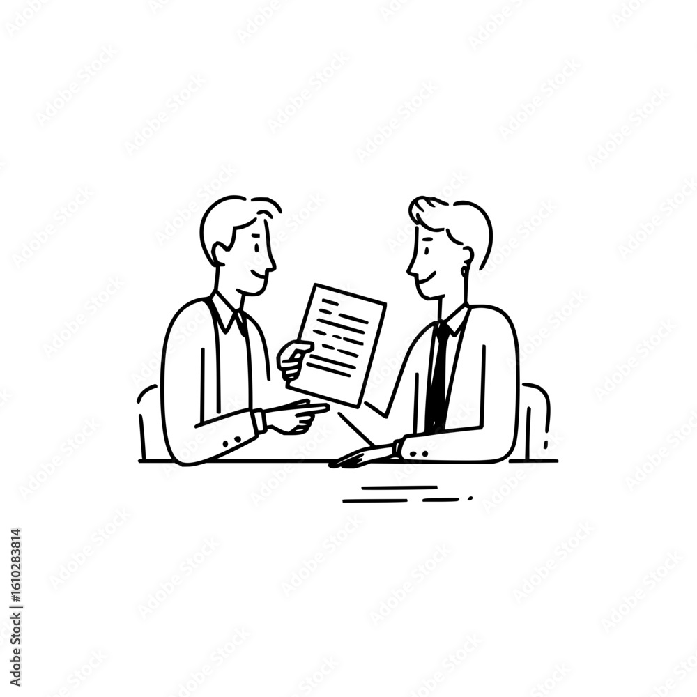 Poster two men in suits sitting at a table one holding a document and pointing at it in a black and white d