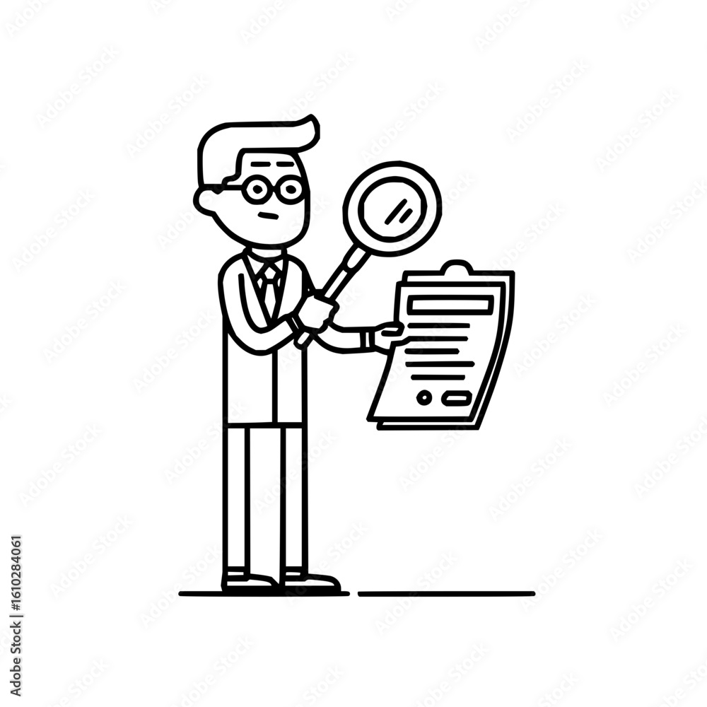Poster a man in a suit holding a magnifying glass and a clipboard with text in a line art style design
