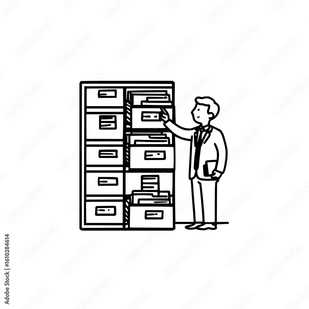 Poster man in suit reaching into filing cabinet with multiple drawers and documents in a black and white sk