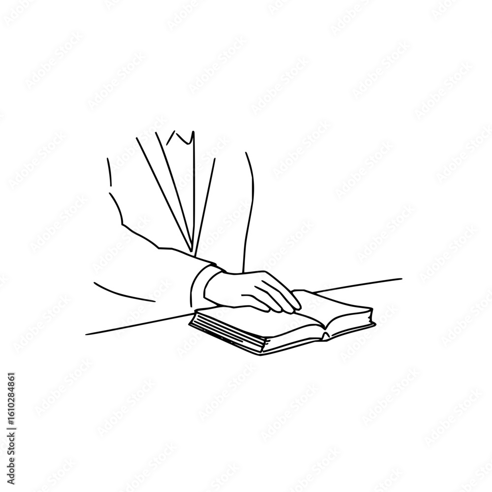 Poster person in suit reading an open book on a table with hand resting on page in simple line drawing styl