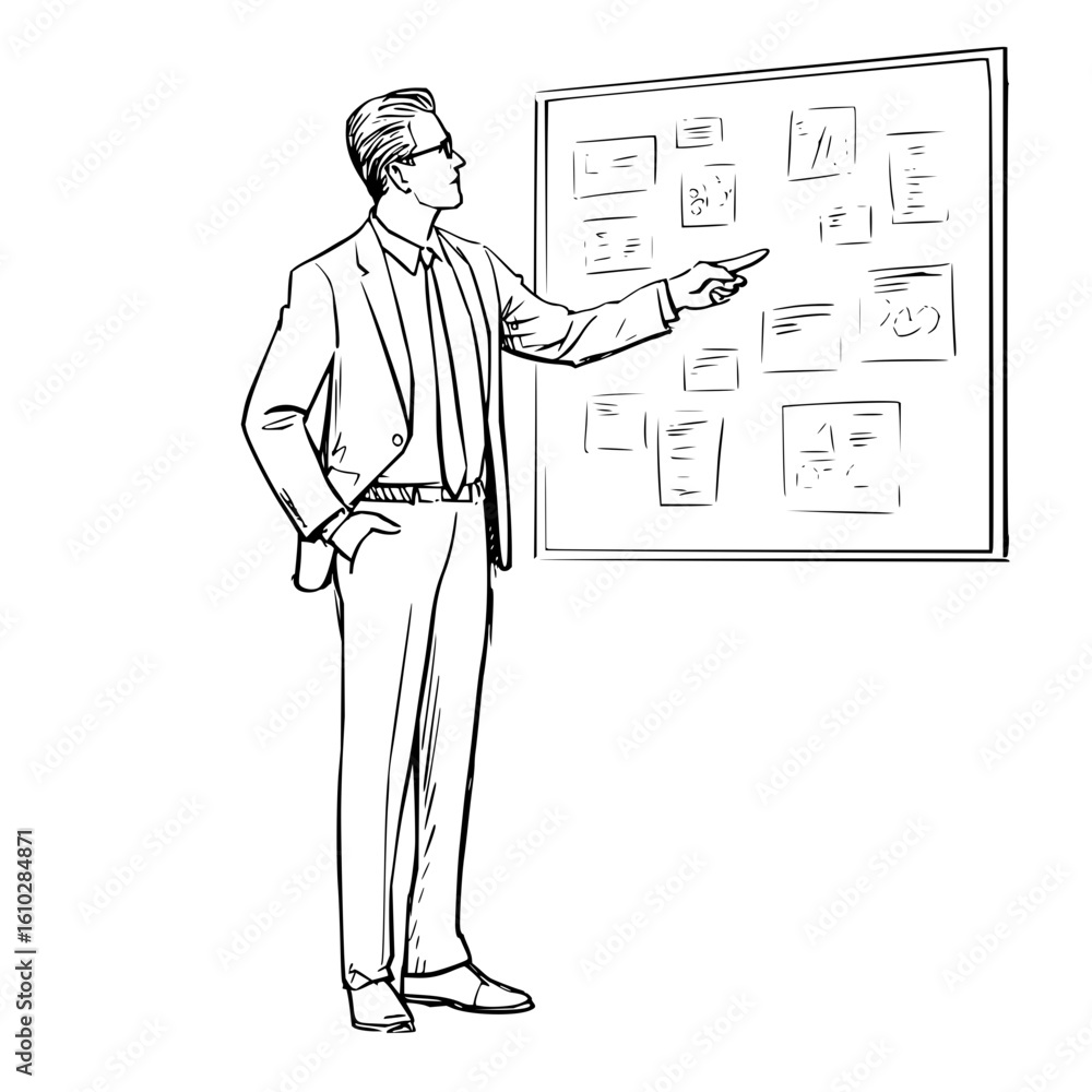 Poster man in suit pointing at a board with papers and images in a sketch style black and white presentatio