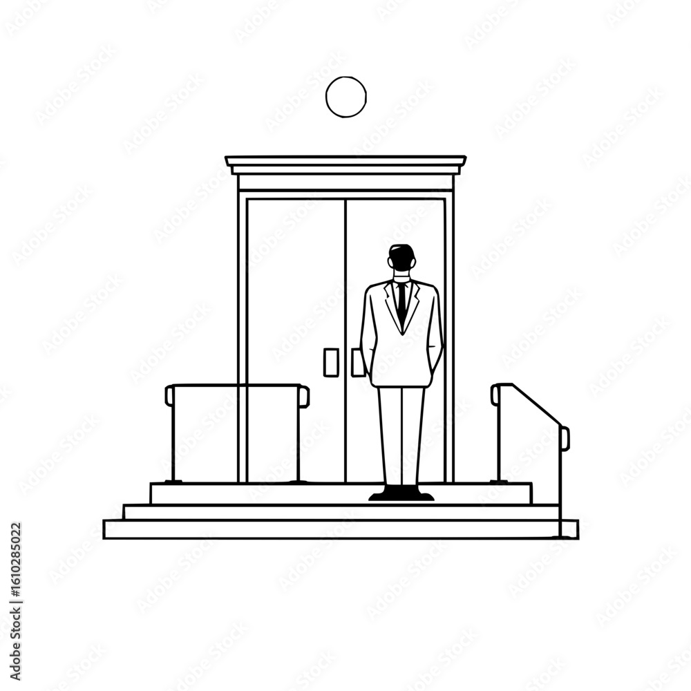 Poster a man in a suit standing in front of a closed door with steps and railings under a circle shape desi