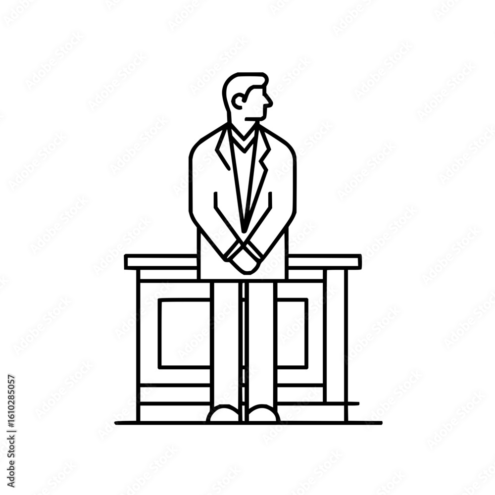 Poster man in suit standing behind a desk with arms crossed in a line drawing with a white background style