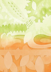 木々と葉と鷹を描いた晩夏〜初秋の抽象風景イラスト