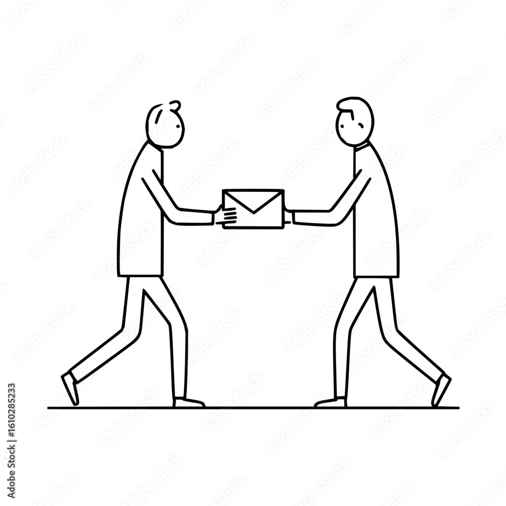 Poster two stick figures exchanging an envelope while walking in a minimalist black and white line drawing 