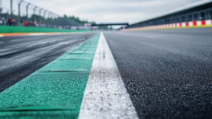 This close-up shot captures an empty F1 track, focusing on the pit area with a green strip on the asphalt, evoking a sense of anticipation and preparation for a racing event.