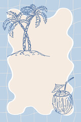 Fashionable vector illustration with a coconut cocktail and palm trees in a retro style. Vector illustration drawn by hand in a pencil sketch style. Line drawing