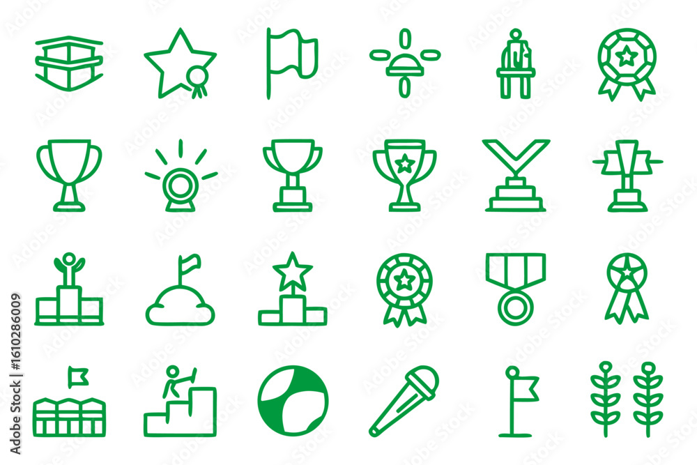 Poster collection of clean modern line art graphics representing victory and success perfect for various di