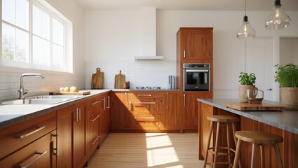 Fototapeta premium Sunlit kitchen showcases warm wood cabinets, bright white walls, and a clean, modern design.
