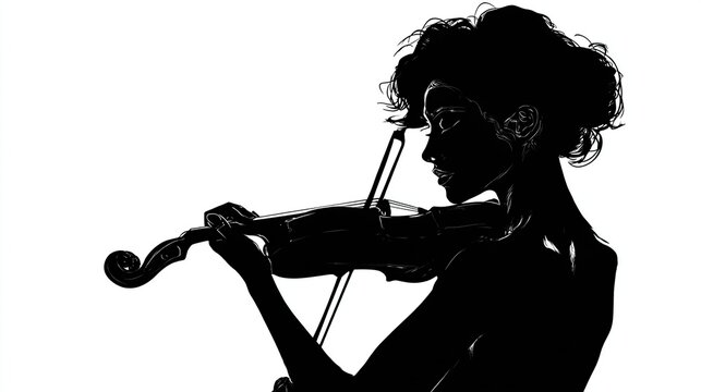 Silhouetted view of a person playing a violin, side profile, dark against white background, detailed features