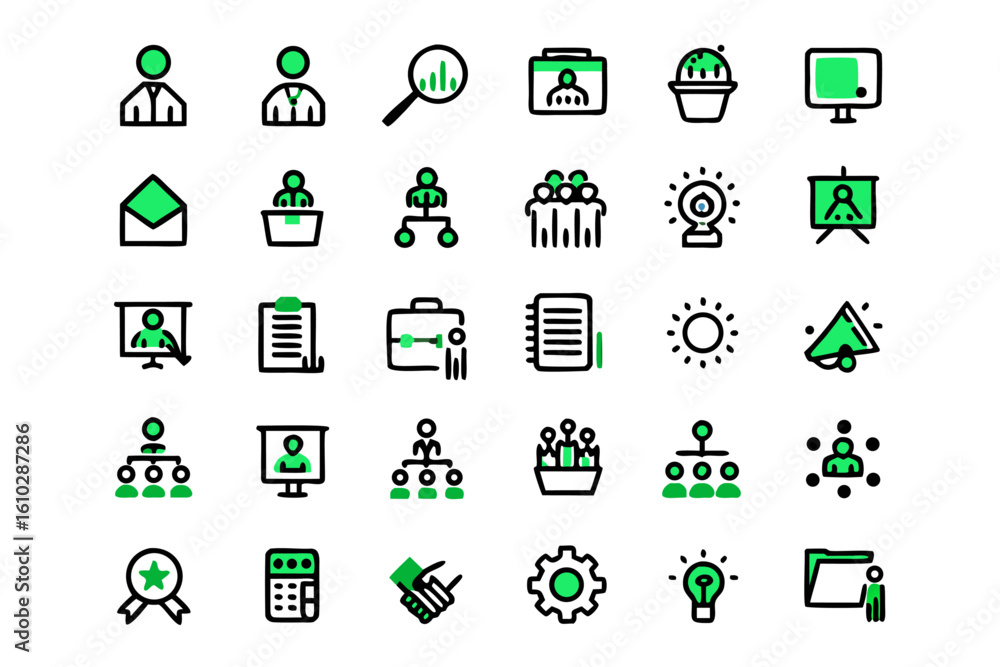 Poster comprehensive collection of modern business icons featuring clean line art and a vibrant color palet
