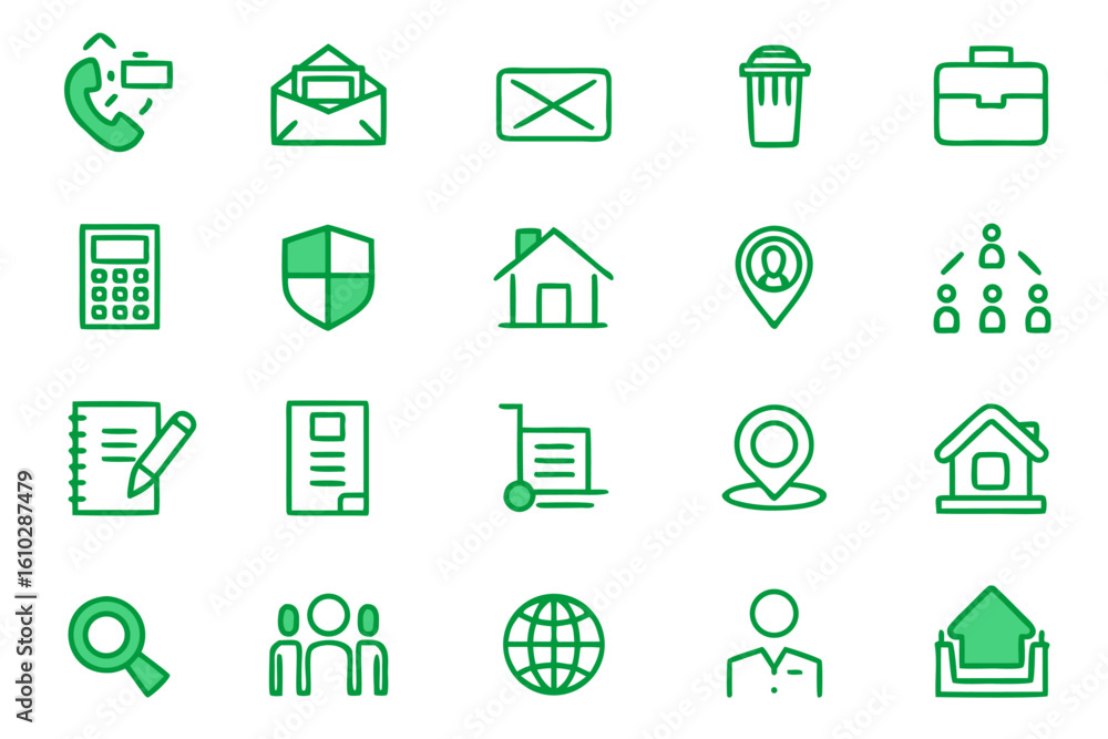 Poster collection of modern line art symbols representing remote work activities and home office essentials