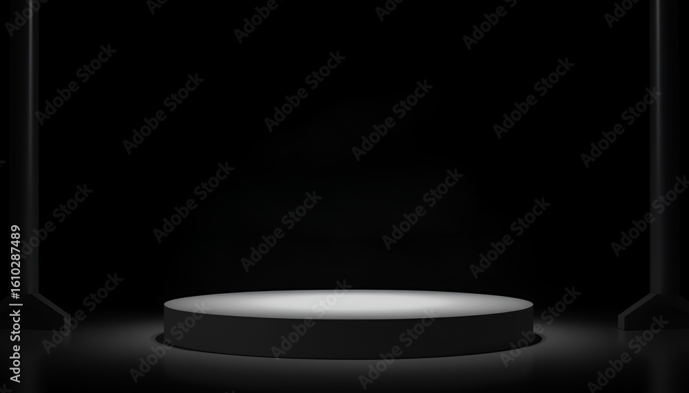Poster a minimalist stage platform rendered in a dark studio environment using ray tracing techniques.