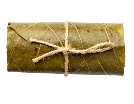 Rolled green leaf bundle tied with rustic natural twine string for herbal packaging on isolated background