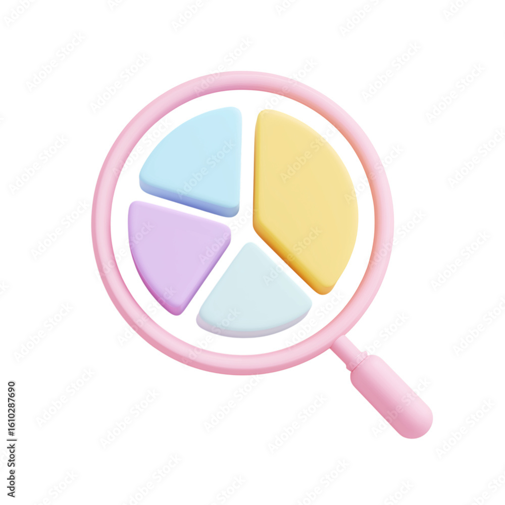 Poster magnifying glass with colorful pie chart segments isolated on transparent background