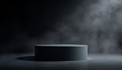 Obraz premium A minimalist gray cylindrical podium stands spotlighted amidst a swirling, misty, foggy atmosphere.