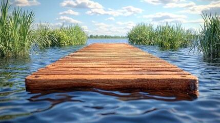 A whimsical scene of a quiet, abandoned dock by a placid lake
