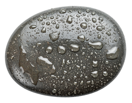 Smooth black stone with scattered water droplets on surface for spa or relaxation on isolated background